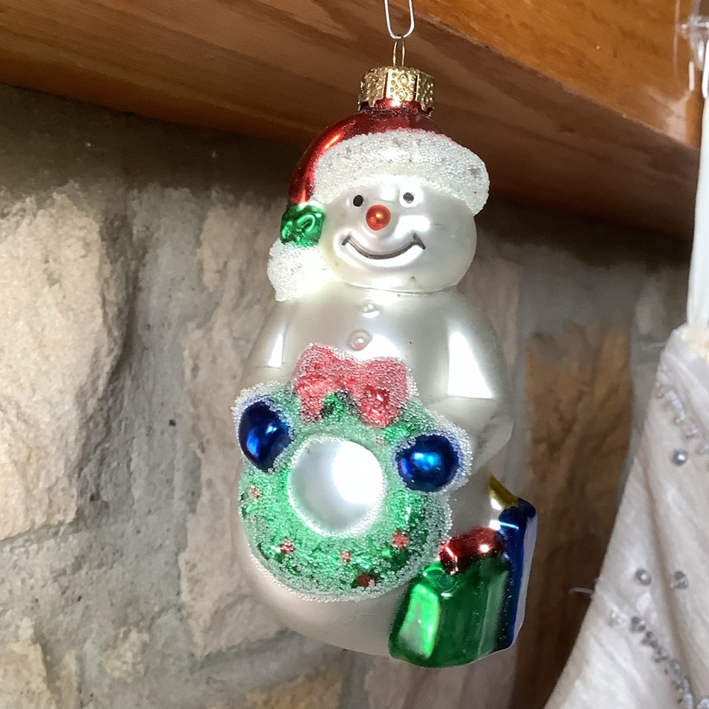 Festive Glass Snowman Ornament with Wreath